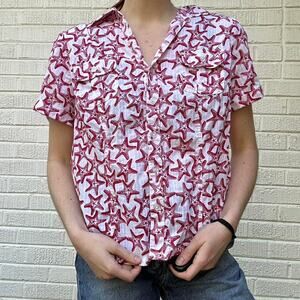 Karen Scott White Red Starfish Printed Button Up Shirt